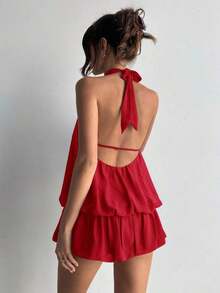 casual de verano para mujer con cuello halter, unicolor y volantes en el bajo - Rojo - Ver 2
