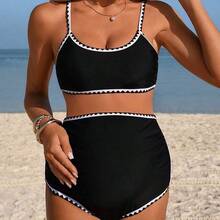 Swim Vcay Conjunto de traje de baño de maternidad casual de vacaciones de verano con diente de tiburón en contraste de color negro, 26SS - Azul - Ver 6