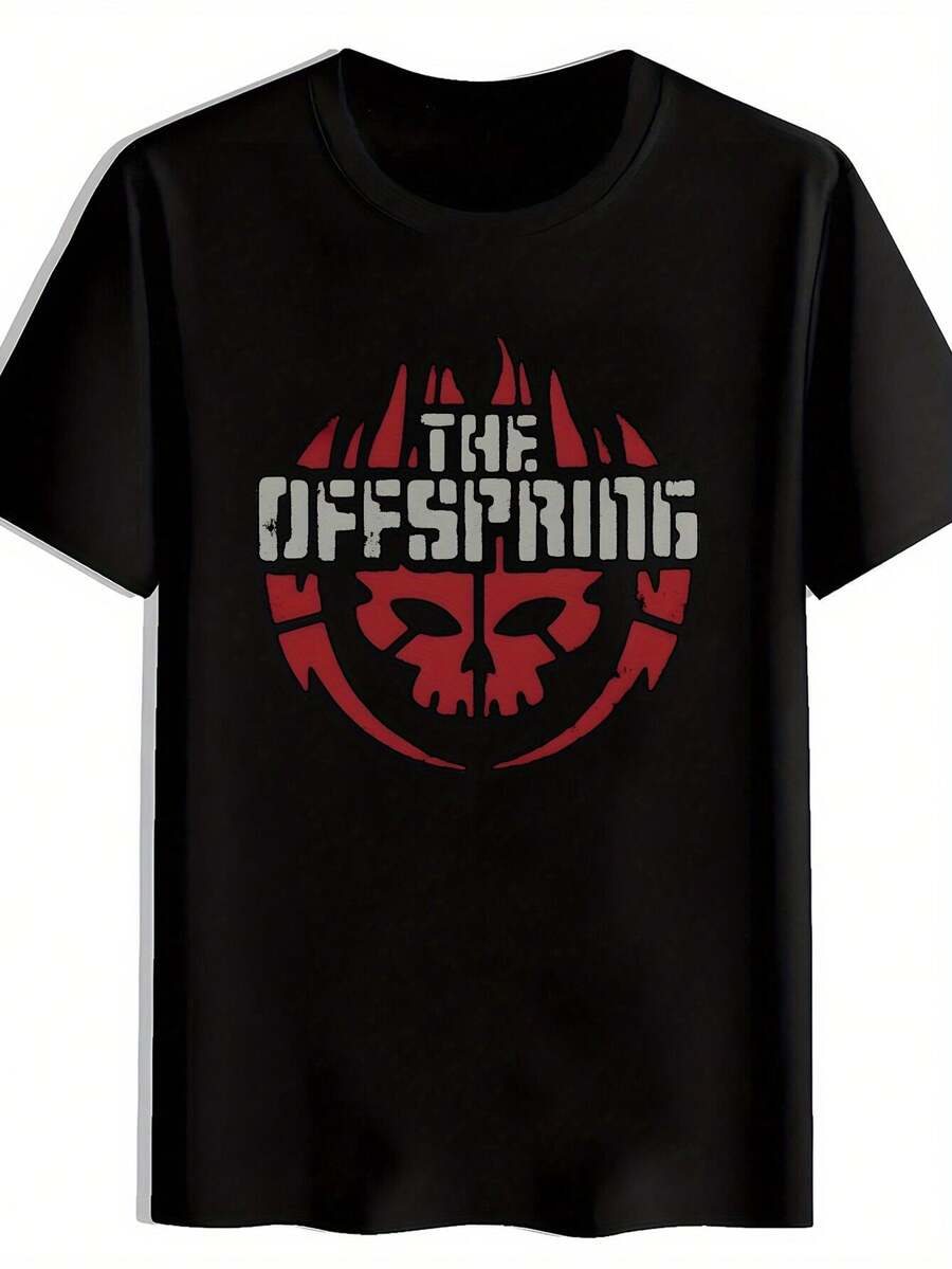 Men'S Retro Rock Band Pattern-Shirt - OFFSPRING Skull Black Short Sleeve Crew Neck Shirt, Distressed Letters With Red Accents - Breathable Polyester Summer Casual Top, Suitable Concerts, Festivals, Beaches - Washable - màu đen - Xem 1