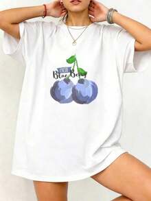 Camiseta de manga corta con cuello redondo 100% algodón, con estampado frontal de gráfico de fruta en acuarela "FRESH BLUEBERRY" y temática de arándanos frescos. Ideal para mujeres en verano, vacaciones, primavera. Estética, casual, linda, de talla grande, versátil, para uso diario, campus, eventos, festivales. Camiseta casual, tela suave, transpirable, corte holgado, camiseta para mujer, tops de verano, camiseta con gráfico, ideal para la playa, festivales para mujeres. Transpirable y cómoda. - Blanco - Ver 2