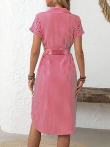 Vestido midi casual de mujer con botones frontales a rayas, vestido de verano con cintura anudada, vestido de trabajo de verano, vestido preppy, vestido con botones para mujer, vestido a rayas azul, vestidos de verano para mujer, conjuntos de v - Rojo y blanco - Ver 2
