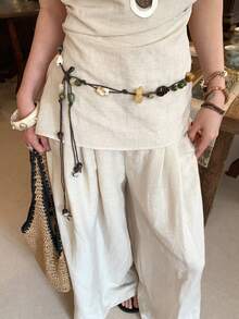 1pc Multicolor Women's Polyester Bohemian Style Retro Beaded Waist Rope Decorative Tie Belt - Multicolor - View 3