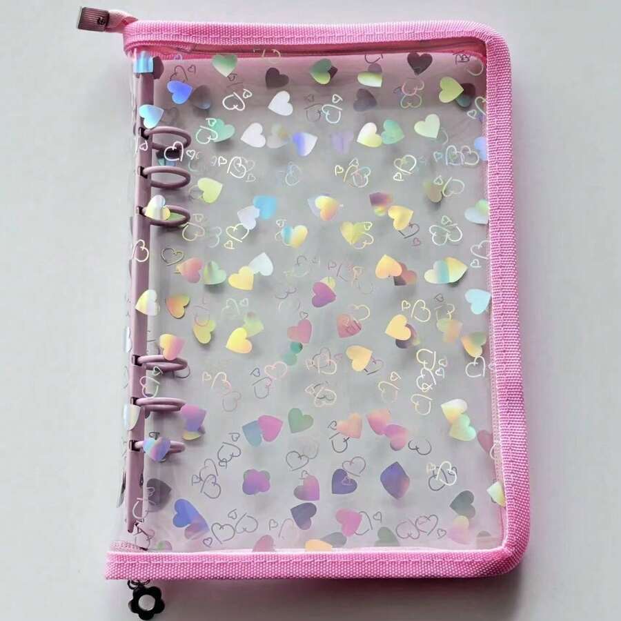 Bộ 1 bìa đựng tài liệu PVC hình trái tim hologram khổ A5, có khóa kéo toàn cạnh, kèm 10 tờ giấy thay thế 1 khe, thích hợp làm album dán, sổ kế hoạch cá nhân, lưu trữ ảnh, đựng thẻ, sổ tiết kiệm, sổ tay, album ảnh, đồ dùng văn phòng, văn phòng phẩm trường học. - Khóa kéo hình trái tim A5 - Xem 1