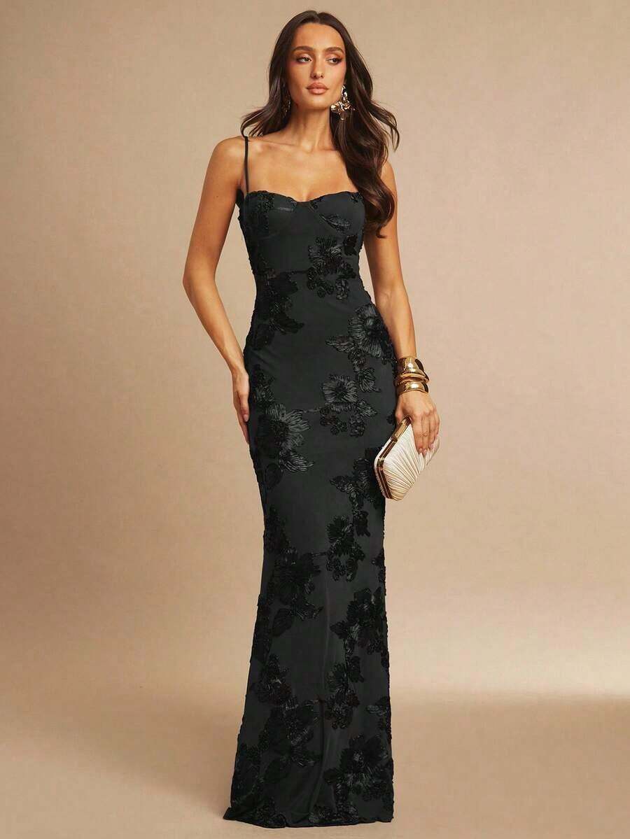 Vestido de tirantes finos maxi ajustado y elegante con diseño floral 3D en color marrón, adecuado para invitada de boda en otoño, fiesta, cóctel, noche, Navidad.Vestido maxi ceñido y con espalda descubierta, apropiado para fiesta de ot - Negro - Ver 1