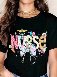 Camia de Enfermera con Patrón Colorido y Símbolos Médicos para la Semana de las Enfermeras, Transpirable y Cómoda - Negro - Ver 1
