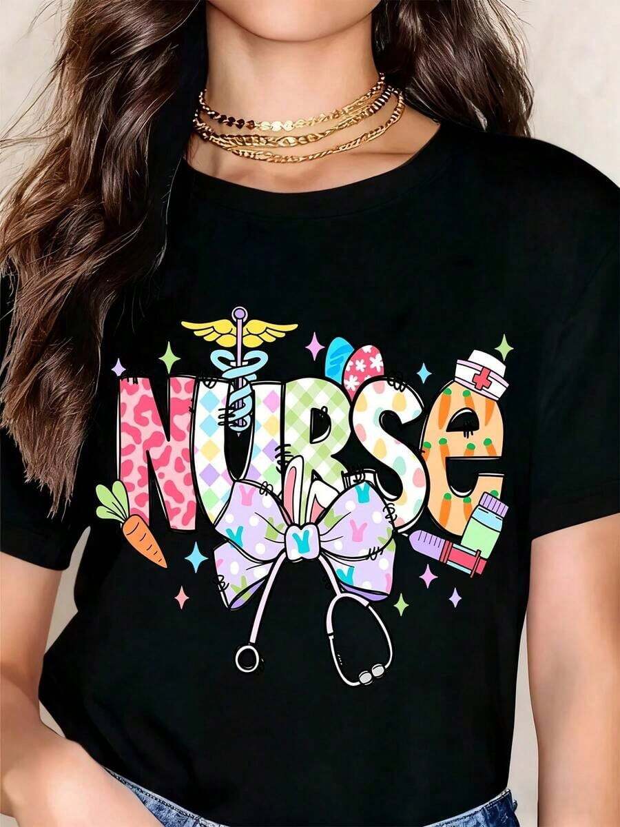 Camia de Enfermera con Patrón Colorido y Símbolos Médicos para la Semana de las Enfermeras, Transpirable y Cómoda - Negro - Ver 1