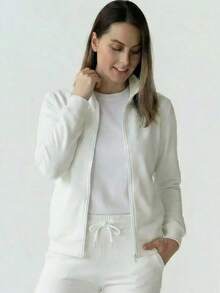 Áo khoác nỉ có mũ kéo khóa dành cho nữ, chất liệu vải French Terry, với cổ tay và viền áo bo gân, có các size từ XS đến 10XL, hoàn hảo cho mùa xuân, hè và thu. - Ecru - Xem 1