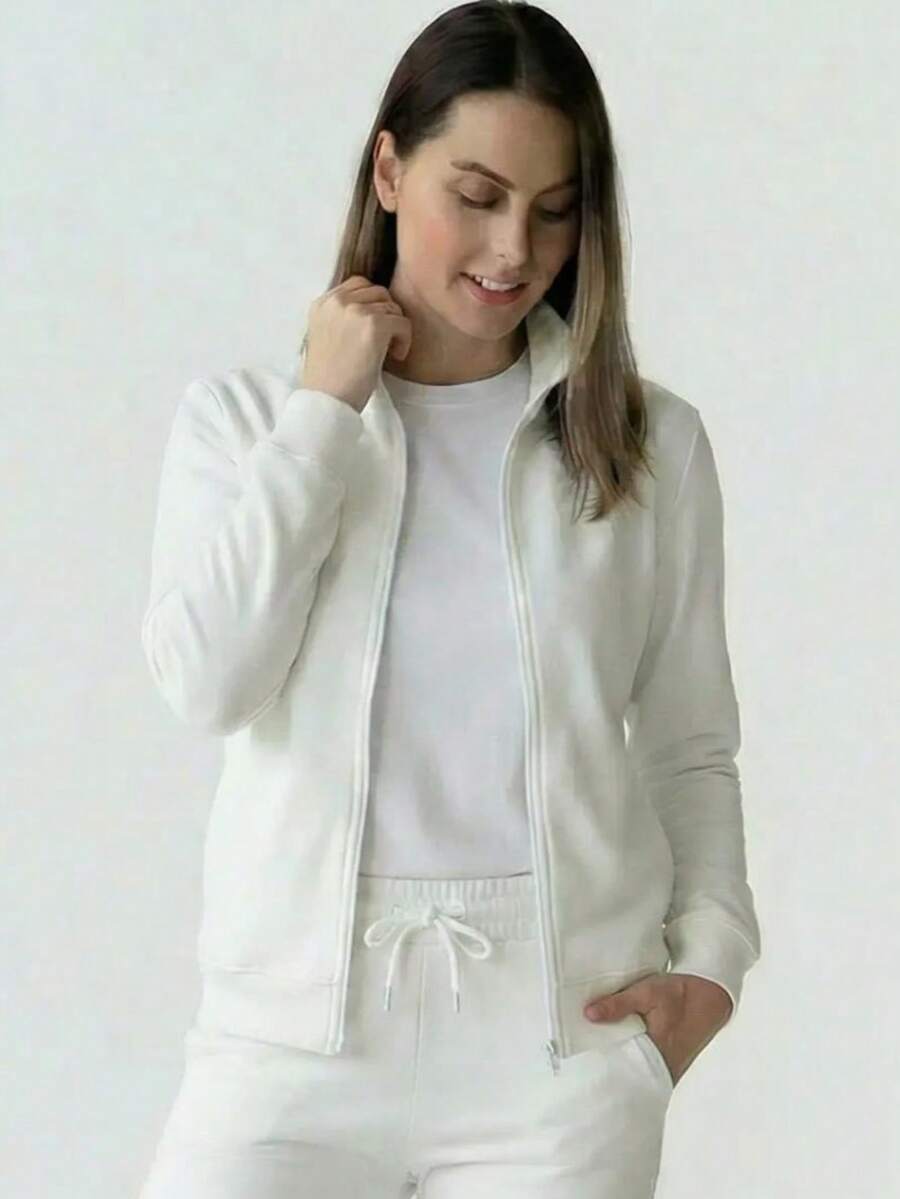 Áo khoác nỉ có mũ kéo khóa dành cho nữ, chất liệu vải French Terry, với cổ tay và viền áo bo gân, có các size từ XS đến 10XL, hoàn hảo cho mùa xuân, hè và thu. - Ecru - Xem 1