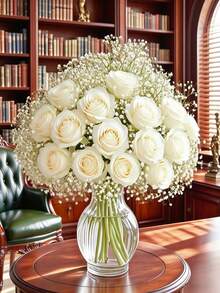 30 bông hồng trắng kết hợp hoa baby's breath trang trí, phong cách đồng quê, thích hợp cho phòng khách, phòng ngủ hoặc bàn ăn, tuyệt vời cho các sự kiện, tiệc tùng, ngày lễ, bệ cửa sổ, phông nền chụp ảnh, kỷ niệm, mùa cưới và quà tặng ngày lễ. - trắng - Xem 2