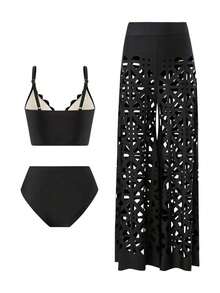 Bonvoyette Conjunto de 3 Piezas de Traje de Baño de Verano para Mujer, Top Sólido con Tirantes, Shorts de Cintura Alta, Pareo Largo Calado, Conjunto de Bikini de Moda para Resort - Negro - Ver 4