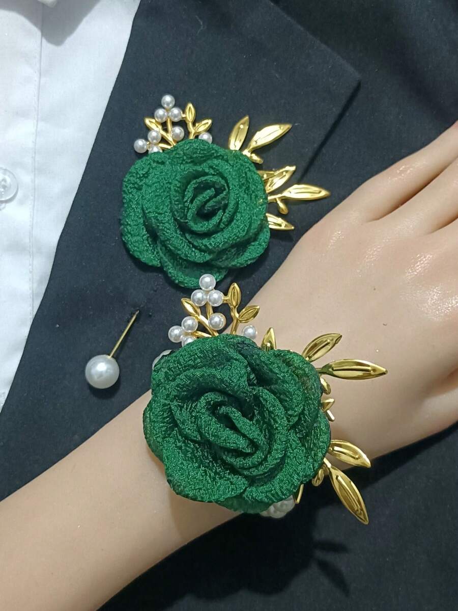 1枚腕花 + 1枚男女通用胸花，橄榄绿和金色，婚礼新郎新娘伴郎伴娘配饰，适合家庭宴会、派对、鸡尾酒会和日常佩戴。 - 彩色 - 查看 1