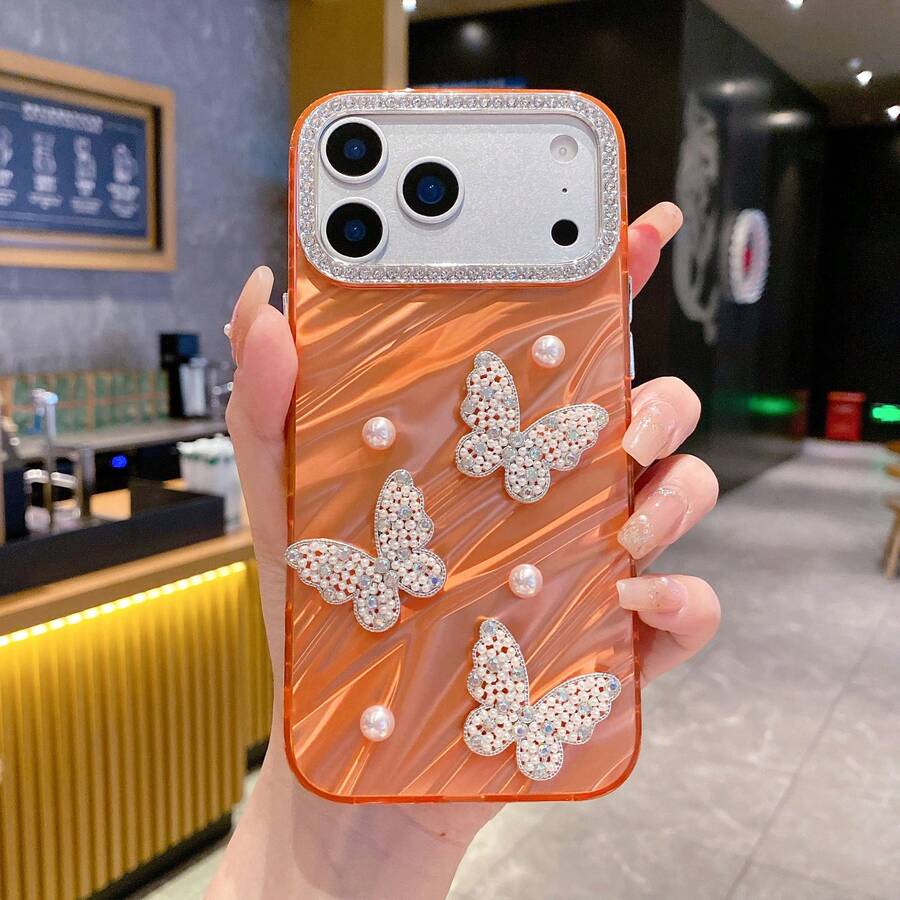 1 chiếc ốp lưng điện thoại hình nơ 3D đính ngọc trai màu cam, phù hợp với , chống sốc, ốp lưng thời trang không kèm dây đeo.