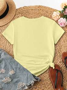 Camiseta casual versátil de mujer con cuello redondo y manga corta con estampado de margaritas - Multicolor - Ver 2