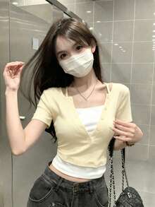 春夏季韓風掛脖式 2合1撞色短袖女款休閒T恤 - 杏色 - 查看 2