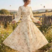 Women's Summer Chiffon Butterfly Print Ruched Round Neck Long Sleeve Dress Modest Dress Floral Dress Maxi Dress Printed Dress Yellow Floral Dress For Women Yelloe Dress Zanzea Dress For Women Ycv9w Discount Code For Woman Dress - Albaricoque - Ver 1