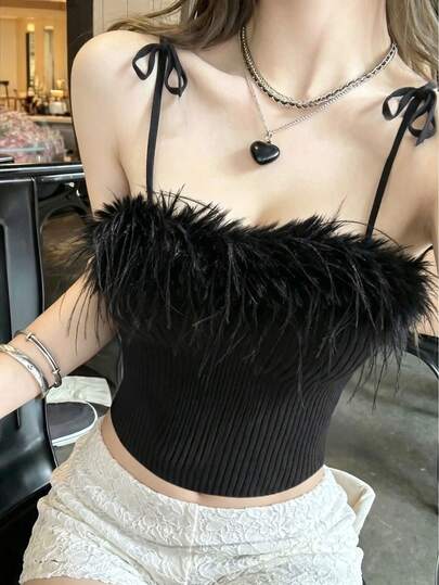 2026 Sexy Feather Decor Women's Knit Camisole With Fur Collar, Cold-Shoulder Sleeveless Ribbed Fitted Cropped Sweater Top, Minimalist Strapless Knit Blouse, Suitable For Spring/Summer/Autumn Daily, Date, Valentine's Day, Party