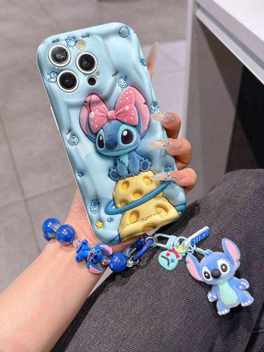 Disney Has Authorized, Phone Case - Chain Set, The Stitch Lilo & Stitch 3D Phone Case Plus A Silicone 3D Stitch Bracelet With Metallic Ring Removable Bracelet, Stitch And Angel Pattern, Compatible With Iphone17/16/15/14/13/12/11/XS/XR/X Plus Pro Max, A Stylish Cartoon Phone Case, The Perfect Gift Choice, Phone Protection, Durable Phone Cover, Great Gift For Friends And Family. - 白色 - 查看 1