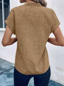Camisa casual de mujer de manga corta con cuello entallado de unicolor, para verano - Camel - Ver 2