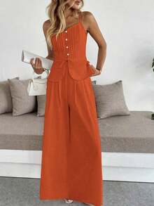 Set de 2 piezas: Top de tirantes ajustado informal con nudo delantero y pantalón de pierna ancha - Naranja - Ver 5
