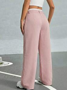 Pantalones anchos de mujer con pliegues y rayas, con cintura de bloques de color para otoño/invierno - Rosa Pálido - Ver 2