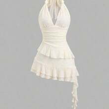 Sweetro Romantic Knitted Lace Twist Tie Layered Ruffle Hem Cropped Dress For Women, Sweet Style, Spring/Summer - Albaricoque - Ver 1