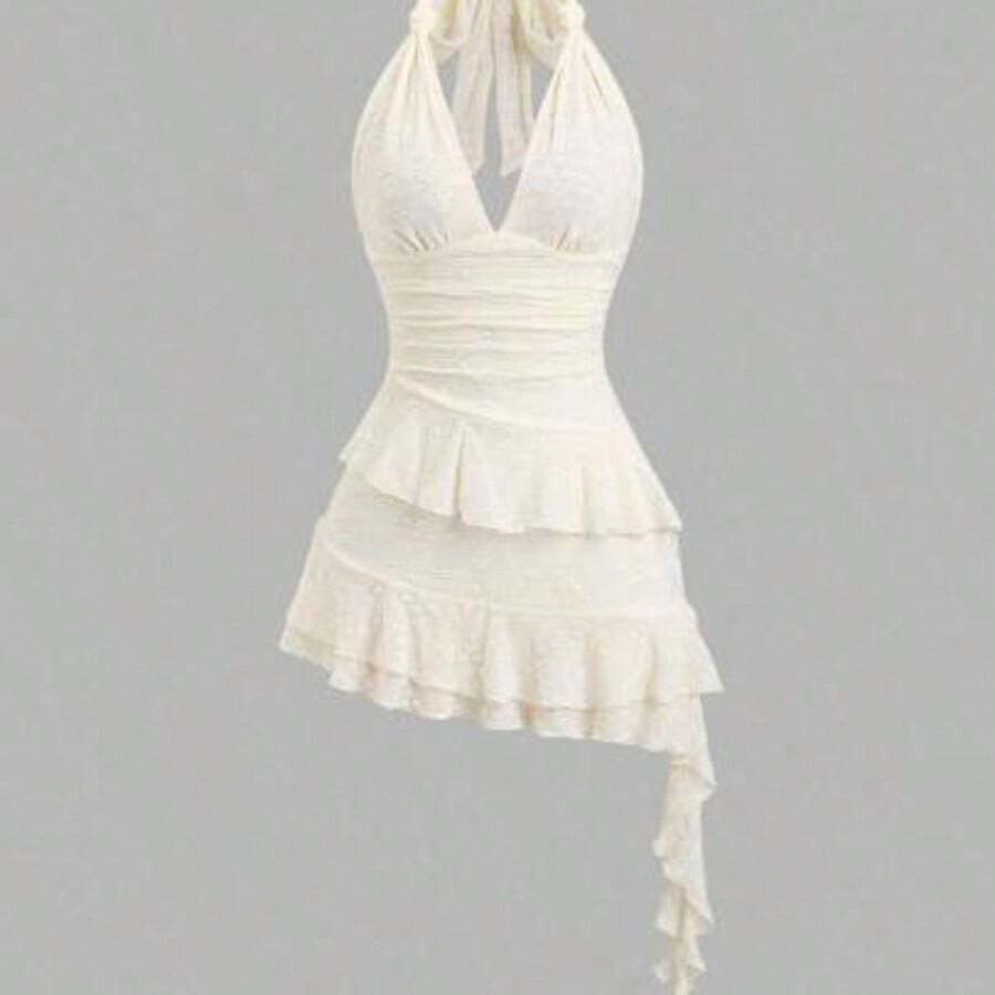 Sweetro Romantic Knitted Lace Twist Tie Layered Ruffle Hem Cropped Dress For Women, Sweet Style, Spring/Summer - Albaricoque - Ver 1