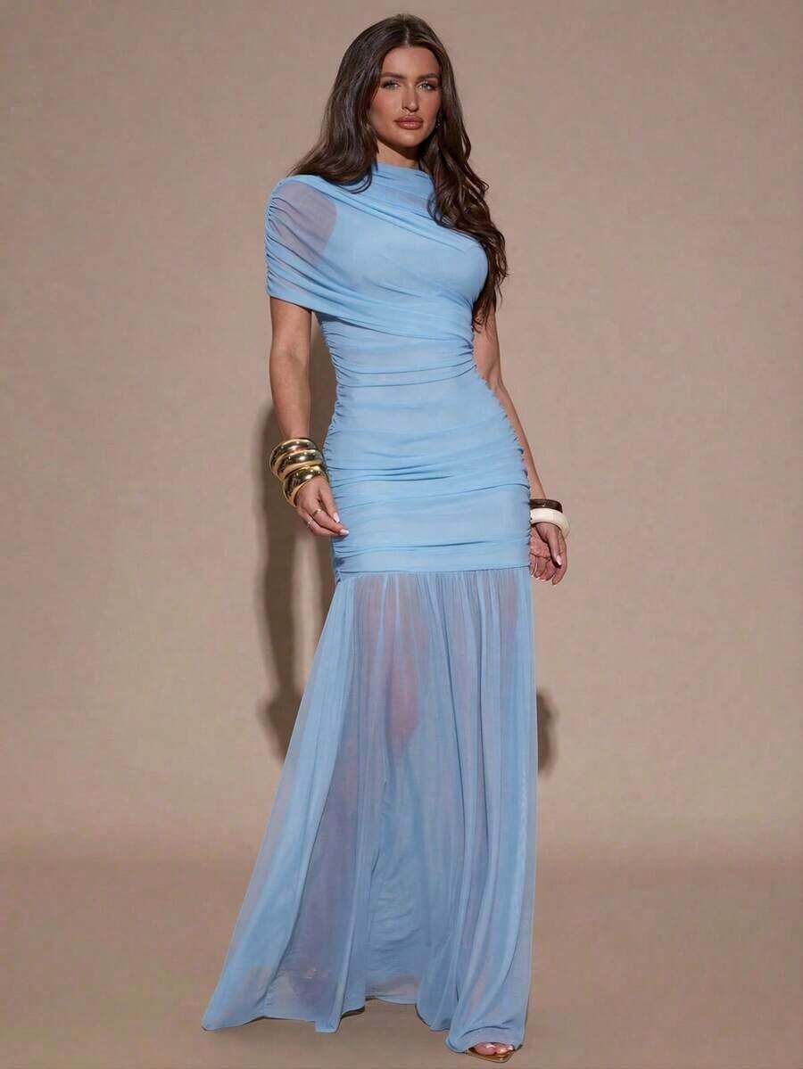 X GALILEA Vestido ajustado con pliegues elegantes, adecuado para cóctel, cita romántica, capas de otoño/invierno, fiesta, reunión formal, Halloween, Navidad - Celeste - Ver 1