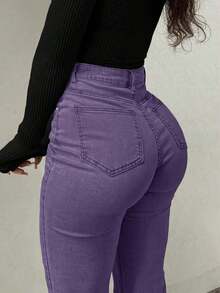 GILIPUR Jeans acampanados de talle alto estilo Y2K, pantalones de mujer de unicolor, elásticos y elegantes, de mezclilla lavada en azul medio, pantalones de moda callejera casual - Morado - Ver 1