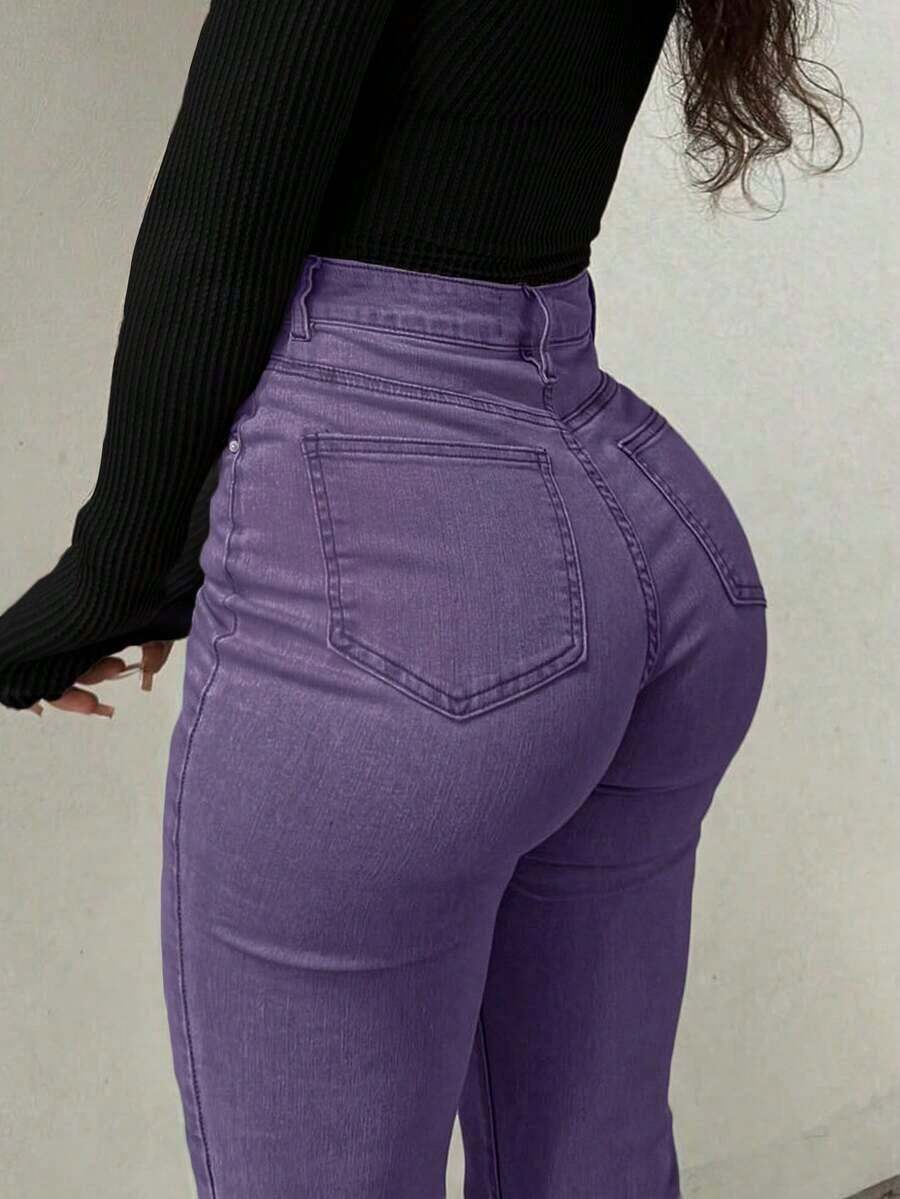 GILIPUR Jeans acampanados de talle alto estilo Y2K, pantalones de mujer de unicolor, elásticos y elegantes, de mezclilla lavada en azul medio, pantalones de moda callejera casual - Morado - Ver 1