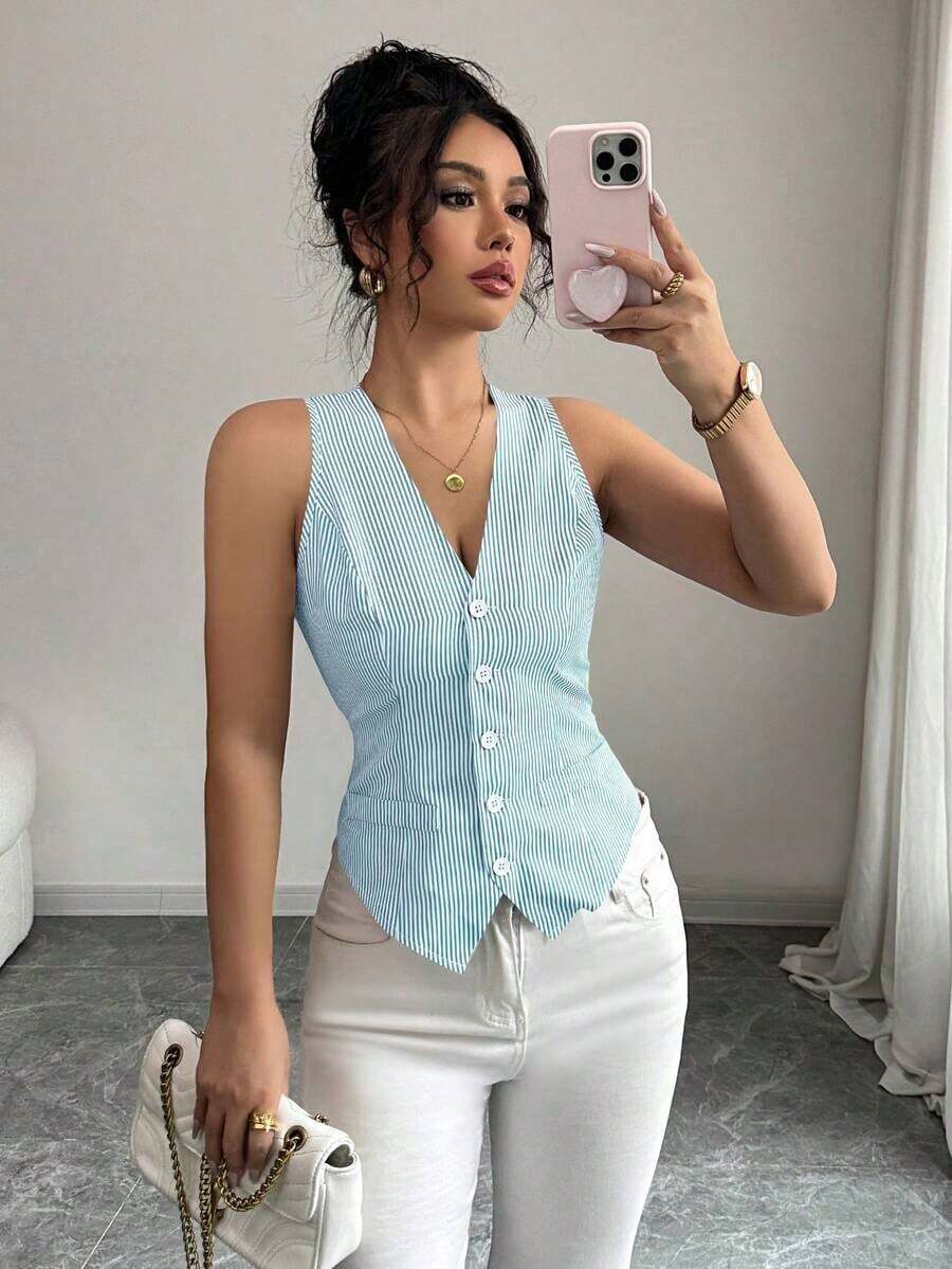Chaleco casual de mujer de rayas minimalista de una sola hilera, adecuado para ir al trabajo y citas - Azul - Ver 1