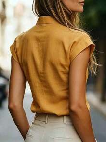 Camisa de mujer de verano casual de unicolor con cuello de muesca - Amarillo - Ver 2