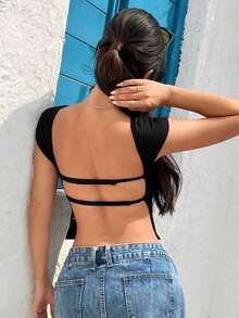 Camiseta corta negra de punto ajustada y sin espalda para verano - Negro 2 - Ver 5