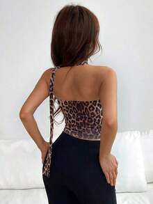 Top de bandeau fruncida con estampado de leopardo y bufanda - Multicolor - Ver 2