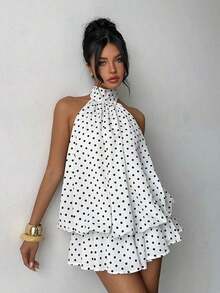 Vestido mini elegante de mujer con estampado de lunares y escote halter sin espalda - Multicolor 2 - Ver 8