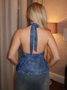 Top sin espalda de halter estilo boho marrón para salir, tipo babydoll, para primavera a verano - Azul - Ver 2