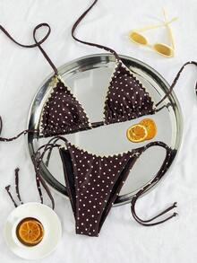 Bikini de mujer de unicolor con escote halter y lazos, estilo sexy, minimalista y elegante para playa, vacaciones, viajes y fiestas, nueva colección primavera/verano - Puntos marrones - Ver 2