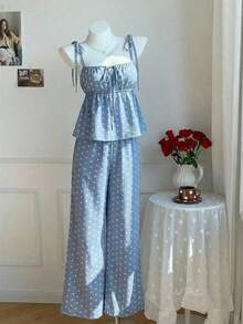 Conjunto de 2 piezas de top tipo camisola con hombros retorcidos y estampado de lunares, y pantalones de pierna ancha, para mujer, estilo casual de verano, retro y de playa - Azul - Ver 6