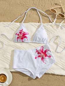 Traje de baño con estampado floral de moda: Top de bikini tipo camiseta con estampado de loto negro + Bottom de traje de baño de talle alto - Conjunto de traje de baño elegante y cómodo para vacaciones de verano, playa y uso en resort en color rojo - Blanco - Ver 2