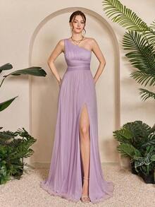 Vestido de malla con un hombro asimétrico, pecho fruncido, recorte hueco y abertura alta en A, vestido de dama de honor para boda, color rosa, primavera - Púrpura malva - Ver 3