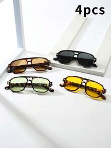 4pcs Men's PC Material Classic Square Double-Bridge Glasses, Minimalist Stylish Glasses, Suitable For Party, Leisure, Vacation, Beach, Daily Wear - 4-piece Combo Pack (Tea, Black, Yellow, Black, Green) - View 2
