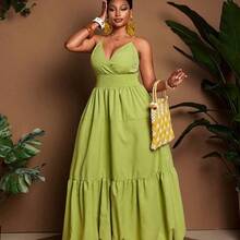 Vestido versátil de vacaciones románticas de moda refrescante y cómoda con tirantes finos de talla grande - Verde - Ver 4