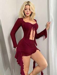 Conjunto de dos piezas de blusa de malla transparente de manga larga sexy y falda con banda de cintura de gelatina de color azul bebé con volantes, estilo Y2K para salir, para mujeres en otoño - Burdeos - Ver 3