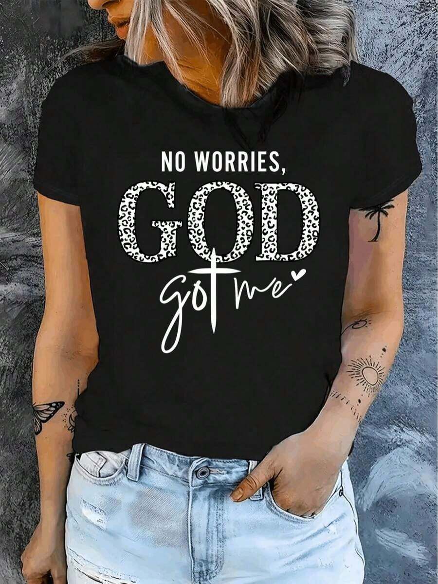 Camiseta de Mujer "God Got Me", Cuello Redondo, Cómoda, Casual, de Mezcla, Manga Corta, Suave y Transpirable, Ropa de Mujer, Camiseta de Verano y Primavera, Estilo Urbano. - Negro - Ver 1