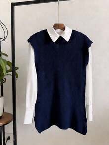 JEMMY MODA Women's Long Knit Vest (Vest Only, Not With A Matching Shirt). - Màu xanh hải quân - Xem 1