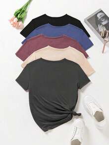 Camiseta casual de verano para mujer de cuello redondo y manga corta de unicolor - Multicolor 2 - Ver 2