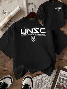 Símbolo futurista de comando espacial que refleja fuerza unidad y visión hacia el infinito con letras geométricas y emblema alado lleno de energía camiseta de mujer estampado doble moderno casual cómoda para uso diario - Negro - Ver 8