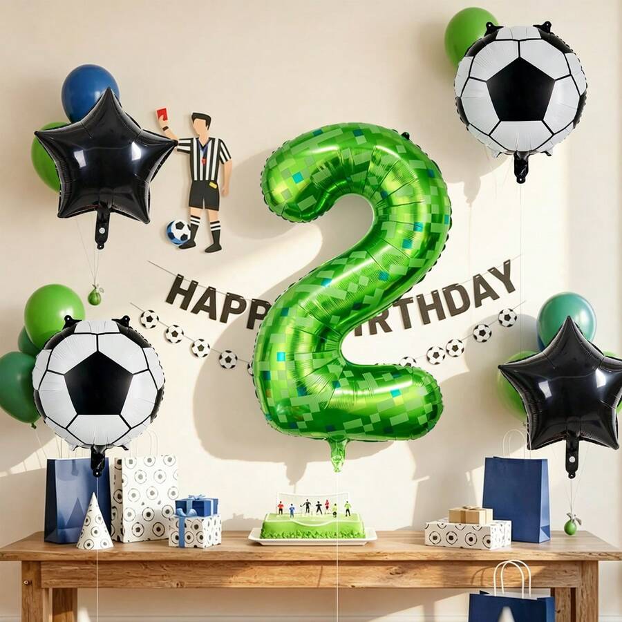 5pcs Football Party Birthday Balloon Set, Includes 40-Inch 0-9 Pixel Number Balloons, Football Balloons, Pentagram Balloons, Suitable For Birthday, Football Theme Party, Sports Theme Party Decoration - Multicolor - View 1