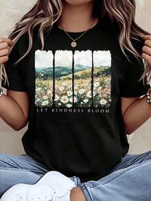 Let Kindness Bloom Summer T-Shirts With Floral Field Design, Women's T-Shirt, Casual Summer Top With Inspirational Quote, Nature Inspired Graphic Tee For Everyday Wear, Gift For Her, 220g, Women's Tops. - 黑色 - 查看 1