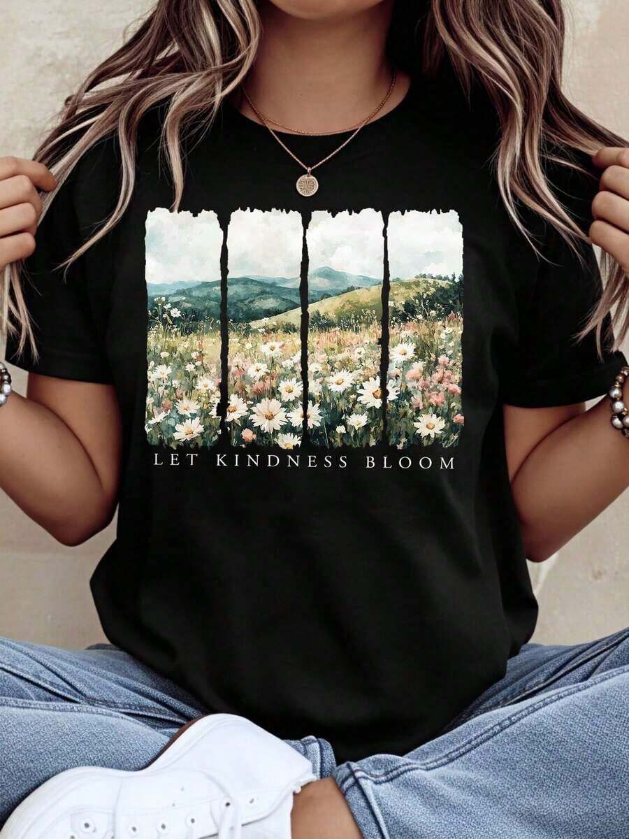 Let Kindness Bloom Summer T-Shirts With Floral Field Design, Women's T-Shirt, Casual Summer Top With Inspirational Quote, Nature Inspired Graphic Tee For Everyday Wear, Gift For Her, 220g, Women's Tops. - 黑色 - 查看 1
