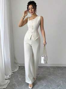 Conjunto de chaleco sin mangas y pantalones rectos para mujer, con tirantes, cierre de botones, para primavera/verano - Albaricoque - Ver 1
